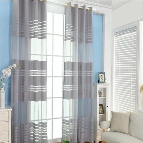 Nordic Modern Gray White Striped Voile Window Curtains For Living Room Sheer Tulle Fabrics Kitchen Curtains Rideaux X-JD1102