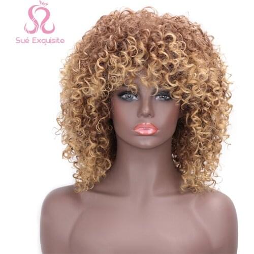 SUe EXQUISITE 14inches Afro Kinky Curly Wig Synthetic Short Wig With Bangs Mixed Brown and Blonde Wig for Black Women