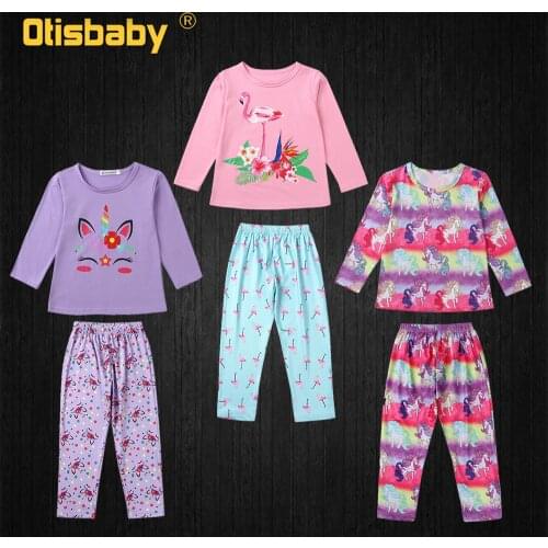 Spring Autumn Girls Unicorn Pajamas Toddler Rainbow Little Pony Long Sleeve Sleepwear Children Pink Flamingo Casual Clothing Set