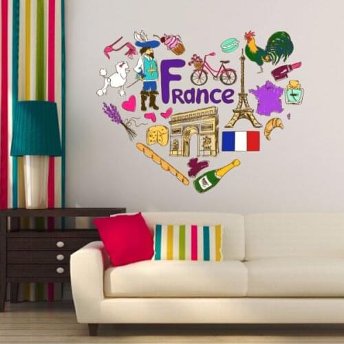 I Love France Illustration Fashion Wedding Decor Vinyl Waterproof Wall Sticker Bedroom Wallpaper Wall Decal Baby Rooms Decor