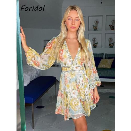 Foridol Transparent Lantern Long Sleeve Print Boho Autumn Women Dress V Neck Floral Print Short Beach Party Dress Female Robe