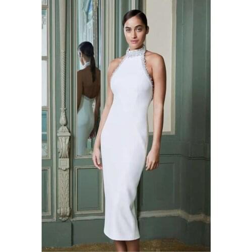 Women Summer Style Sexy Halter Backless Sparkly Midi Bodycon Bandage Dress 2021 Designer Elegant Evening Party Dress Vestido