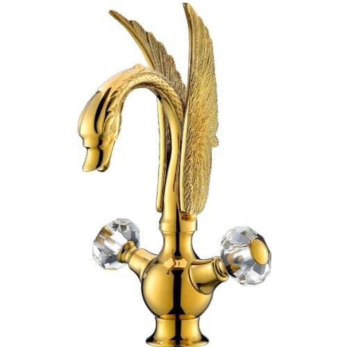 Free shipping gold PVD single hole swan mixer tap swan faucet new animal faucet crystal double handles