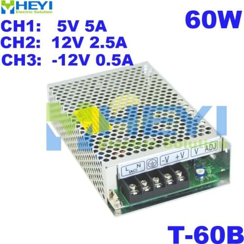 60W Power Supply Driver with 3 switching output 5V 5A, 12V 2.5A, -5V 0.5A ac to dc T-60B triple power supply