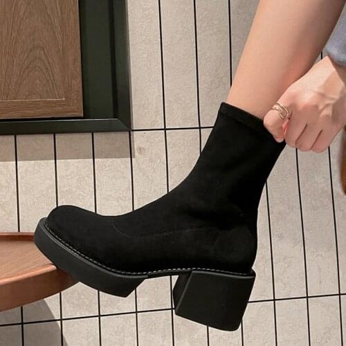 Flock Chunky Heels Platform Autumn Womens Stretch Ankle Boots Round Toe Casual Punk Warm Plush Short Booties High Quality Shoes