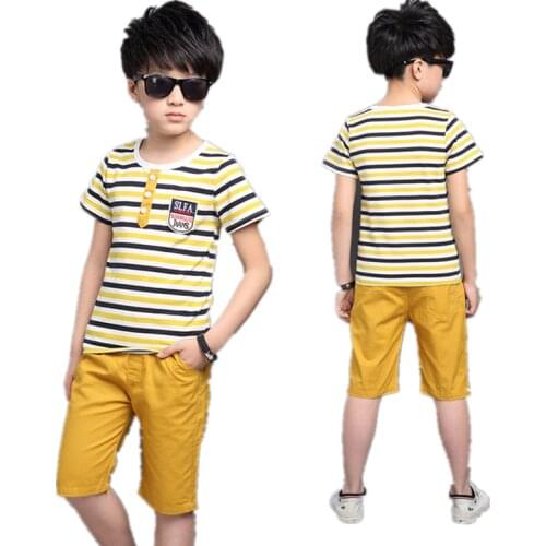 Child Short Sleeve Suit Cotton Kids Boys Summer Stripe T Shirt + Short Pants 2pcs Clothes Sets For Baby 4 6 8 10 12 Year