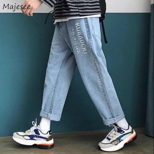 Men Jeans Ankle Length Letter Printed Solid Plus Size 3XL Fashion Loose Leisure Male Korean Style Trousers Teen Ins Harajuku New