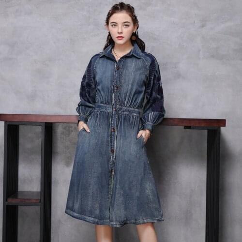 Johnature 2021 Spring New Retro Embroidery Turn-down Collar Single Breasted Denim Dress Simple Long Sleeve Women Fashion Dresses