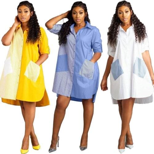 Summer Casual Fashion Shirt Dress Patchwork Striped Yellow White Blue Loose Dress Single Breasted Pockets Mini Dress Vestidos