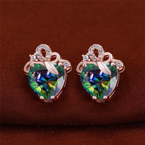 Mystic Fire Zircon Heart Stone Stud Earrings For Women Wedding Jewelry Vintage Fashion Rose Gold Multicolor Crystal Earring Gift