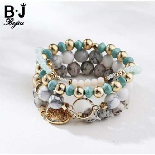 Fashion Bracelet Stack Real Natural Druzy connector Howlite Stone Wood stone Marbel stone Strand 4pcs Women Bracelet Set BCSET25