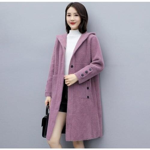 2019 Autumn and Winter New Thick Faux Goldmink Fur Coat Female Long Fashion Buckle Loose Sweater Knit Cardigan Jacket f2230
