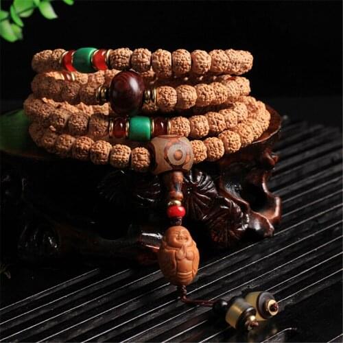 New Arrival Nepali Rudraksha 108 Mala Beads Hand String Hand Carved Olive Core Buddha Pendant Bracelet Buddhist Jewelry Dropship