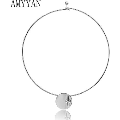 Charm Necklaces 14CM Diameter Classic Choker Disk Necklaces Gold/Steel Color Chain Link