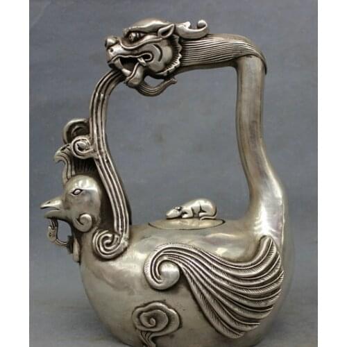 Wholesale factory 10" Chinese Silver Wealth Dragon Head Phoenix Peacock Statue Teapot Wine Pot