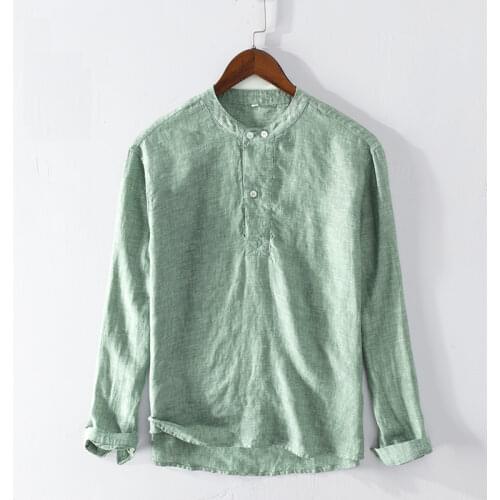 Linen Long Sleeve Shirt for Men Casual Tops Spring Summer New Stand Collar Male Vintage Pullover Clothing 2021 New
