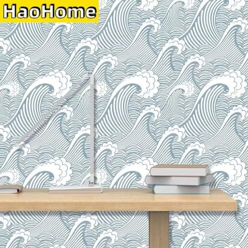 HaoHome Blue White Waves Peel and Stick Wallpaper Handpainting Seamless Spray Self-Adhesive Prepasted Wallpaper Wall Mural