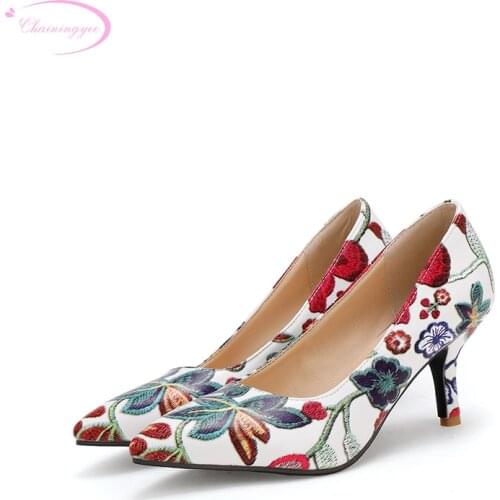Chinese national style sexy pointed toe pumps fashion flower color matching slip-on thin high heels womens shoes big size