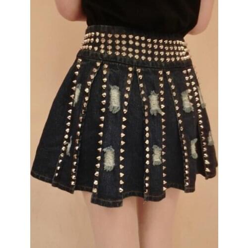 Womens metal rivet A-line punk denim skirt ladys Rock and roll rivet clothes R241