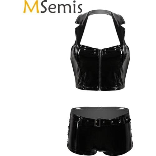 MSemis Women Police Uniform Role Play Lingerie Set Patent Leather Zipper Crop Top with High Waist Hot Shorts Pole Dance Costumes