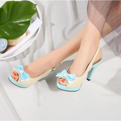 FERLENZ Big Size 11 12 13 14 High-heeled sandals Sweet bow-tie color fish-mouth buckle womens shoes