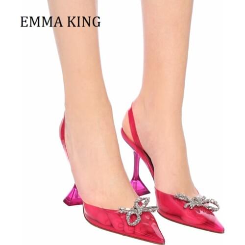 2021 Women Crystal Embellished Pumps PVC Pink Glass Transparent Heels Pumps Sandals Pointed Toe Wedding Party Brand Shoes Women