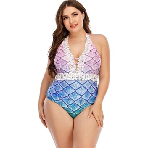 2021 new bikini Mermaid scale print lace splicing one-piece gradient Large Size Swimsuit womens fatter and bigger Mermaid tail