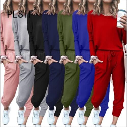 Women O Neck Sexy Full Sleeve Party Tracksuit Street Solid 2 Pieces Tops And Long Pant Set