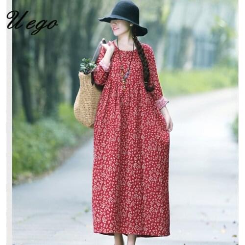 2021 New Arrival Long Sleeve Loose Autumn Dress Linen Cotton Print Chinese Style Vintage Dress Women Spring Casual Midi Dress