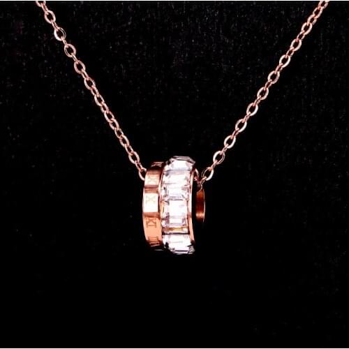 Stainless Steel Love Round White Square Crystal Roman numerals Circle Pendant Necklace Rose Gold Color Women Party Gift