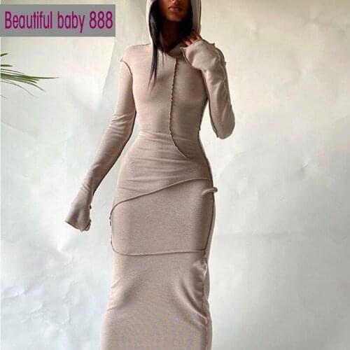Meqeiss 2021 Autumn New Long Sleeve Hooded Patchwork Skinny Maxi Dress Autumn Winter Women Fashion Streetwear Casual Outfits