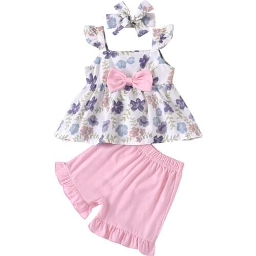 2 Pcs Infant Outfits for Girls Toddlers Baby Flower Print Fly Sleeves Square Collar Bowknot Tops+Solid Ruffle Shorts+Headband
