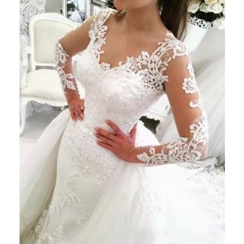 2019 Mermaid Wedding Dresses with Detachable V-Neck Backless Formal Wedding Gown with Long Sleeve Cheap Long Appliqued Tulle