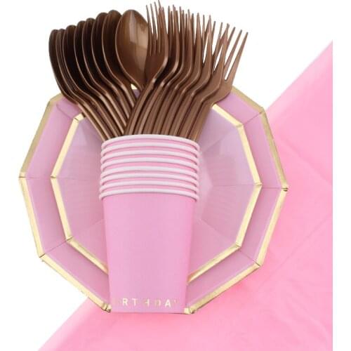 45Pc/Set Pink Bronzings Text Theme Disposable Tableware Birthday Decoration Baby Shower Plates Spoons Tablecloths Party Supplies