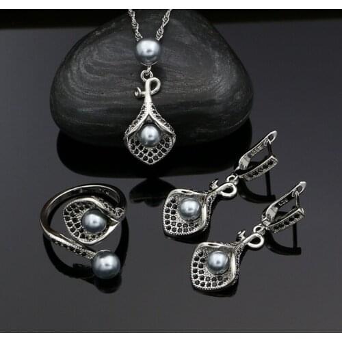 925 Silver Jewelry Sets For Women Party Accessories Grey Pearl Beads Black Stones Earrings Necklace Peandant Ring Set
