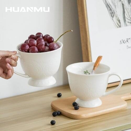 Oversized Oatmeal Mug Creative Embossed Ceramic Mug British Style White Big Breakfast Cereal Cup Milkshake Ice Cream Fruit Salad