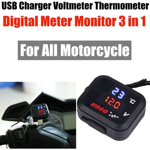 Digital Meter Monitor 3 in 1 Motorcycle USB Charger LED Digital Voltage Thermometer Dual Display Meter Moto Thermometer Gauge