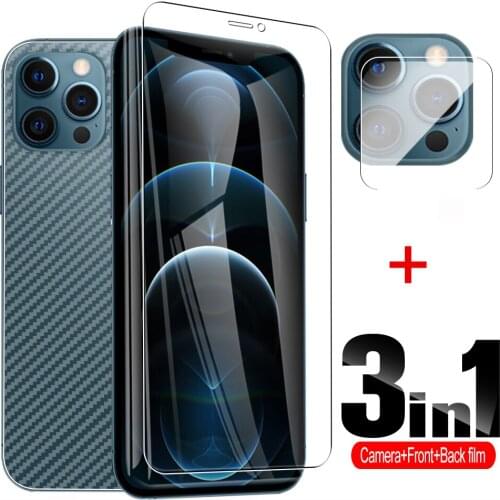 For Apple iphone 12 mini 11 pro x xr xs max se Soft Back Carbon Fiber Film + Tempered Glass Front Screen Protector Lens Film