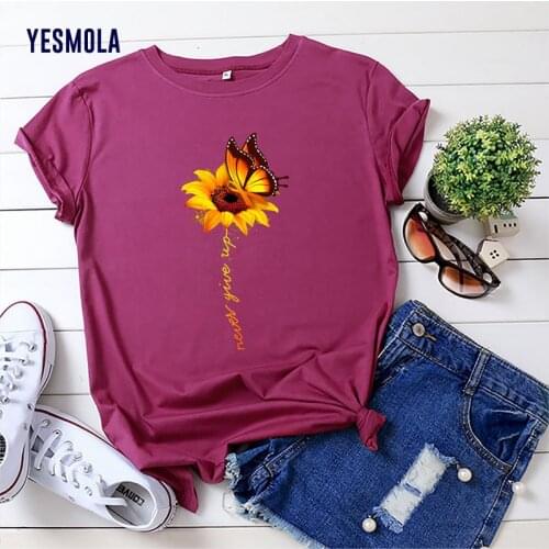 YESMOLA 2021 Summer S-5XL Plus Size T Shirt Cute Daisy Butterflies Print T-shirt Women TShirt 100%cotton O Neck Short Sleeve Tee