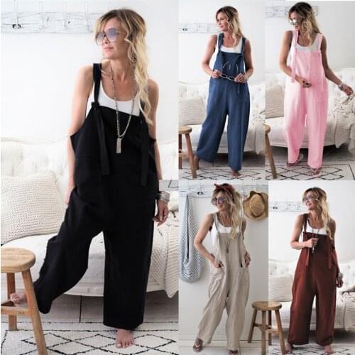 2020 Europe And The United States New Casual Loose Strap Pocket Jumpsuit Black Blue Pink brown beige