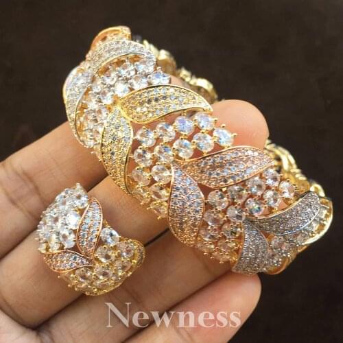 Newness Brand Luxury Flower Design Cubic Zirconia Three colors Bracelets Bangle Ring Set for Women Jewelry Gifts