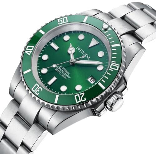PHYLIDA NEW orologio uomo300M Water Resistant 40mm Mens Green Diver Watch Automatic nh35 Movement Sapphire Crystal SUB Homage