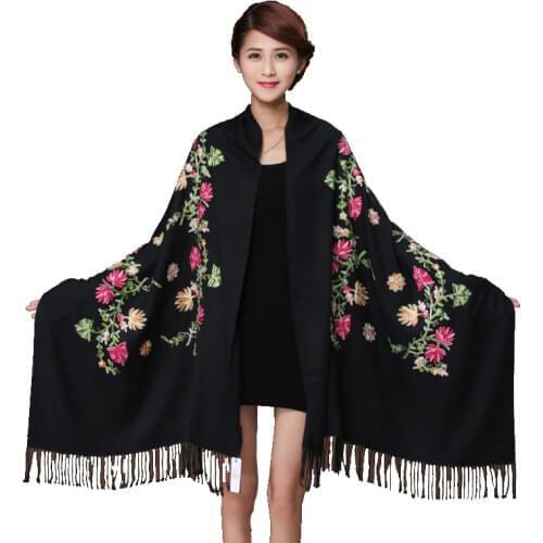 New Black Embroider Flower Pashmina Cashmere Scarf For Women Winter Warm Fine Tassels Scarf Shawl Fashion Shawl Scarves