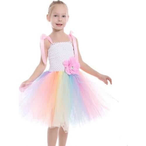 Pastel Rainbow Flower Girls Tutu Dress Junior Bridesmaid Girl Wedding Dress Baby Clothing Kids Summer Dress Girl Dance Ball Gown