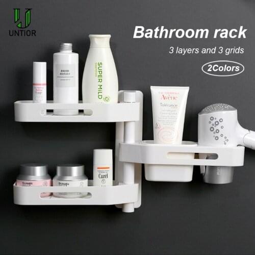 UNTIOR Plastic Corner Shower Shelf Bathroom Shampoo Hair Dryer Holder Wall Mounted 180 Degree Rotation Kitchen Storage Rack