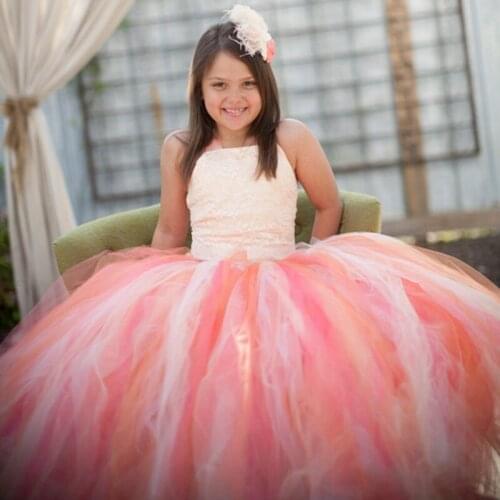 Flower Girls Tutu Dress For Wedding Birthday Party Lace Strap Mix Color Girls Boutique Ball Gown Tulle Dress With Satin Top