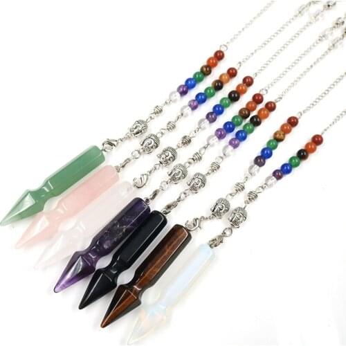 Silver Plated Pen Shape Many Colors Quartz Stone Pendant 3D Link Chain Healing Chakra Pendulum Jewelry
