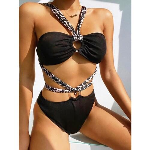 ZAFILLE Sexy Swimsuit Black Bikini Womens Bathing Suits Leopard Print Bandage Womens Swimsuit Push Up Thong Bikini Beachwear