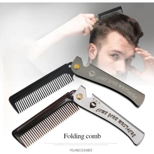 1 pcs Men Folding Pocket Comb Knife Shape PP Teeth Detangling Hair Beard Comb Metal Handle Foldable Combing Facial Mustache Comb