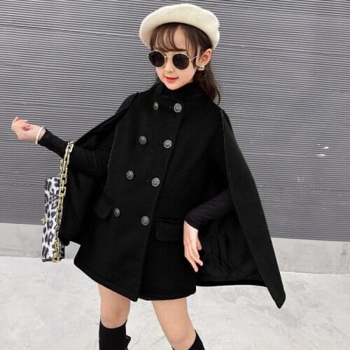 Luxury Design Black Winter Autumn Woolen Coat Girls Kids Thicken Outerwear Teenage Top Evening Party Childrens Clothing